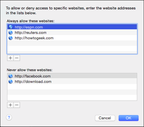 Управление белым и чёрным списками сайтов