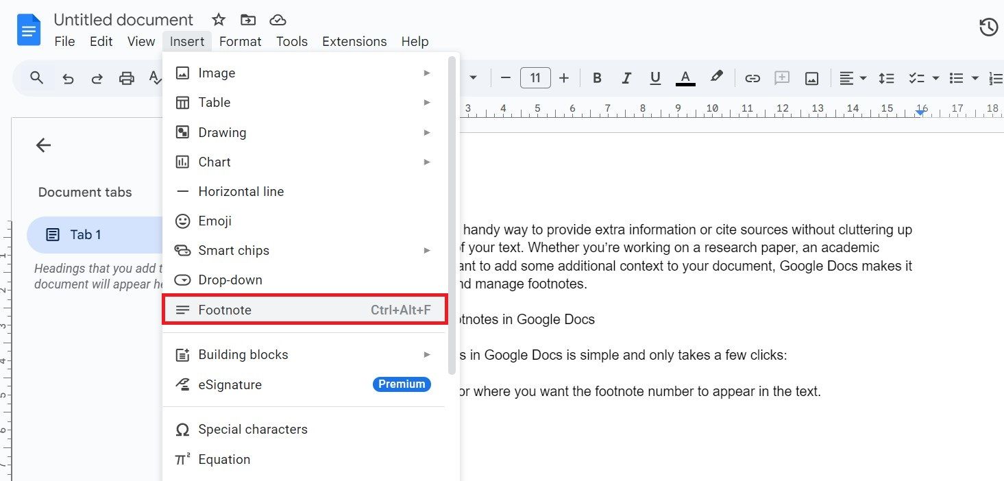Меню «Вставка» в Google Docs