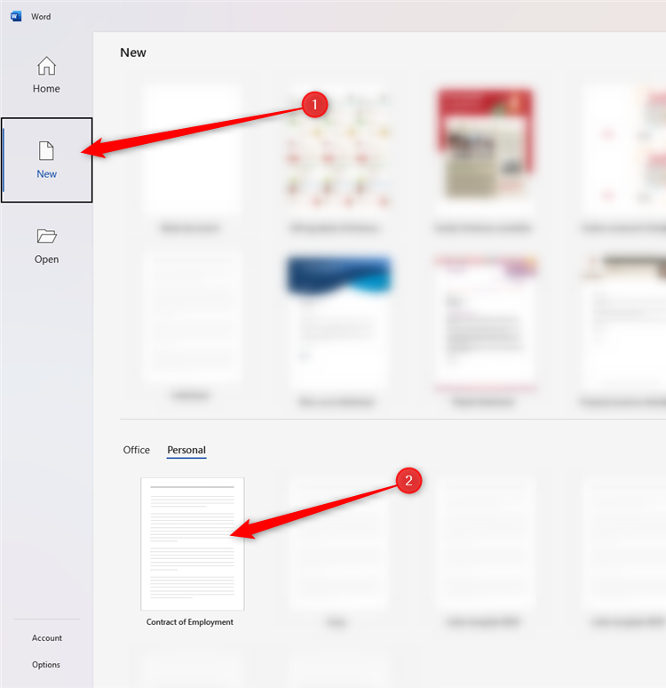 Стартовая страница Microsoft Word с доступом к шаблону Contract of Employment через вкладку Новые документы.