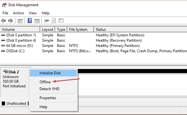 Disk Management Online option