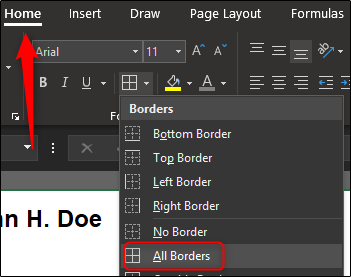Добавление границ ячеек для заголовков