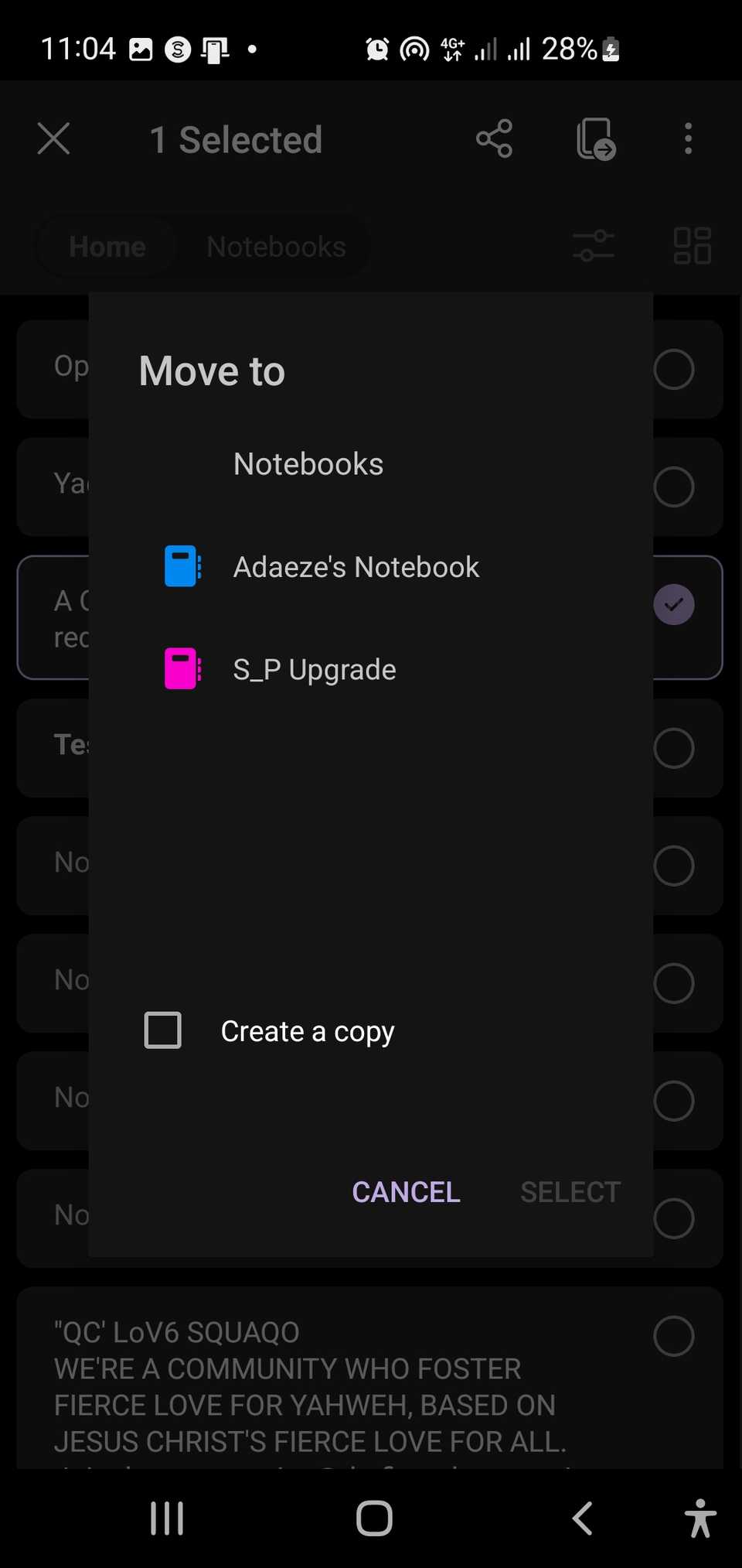 The Move to bar in OneNote on my mobile device