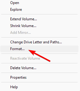 выбор формата раздела в управлении дисками