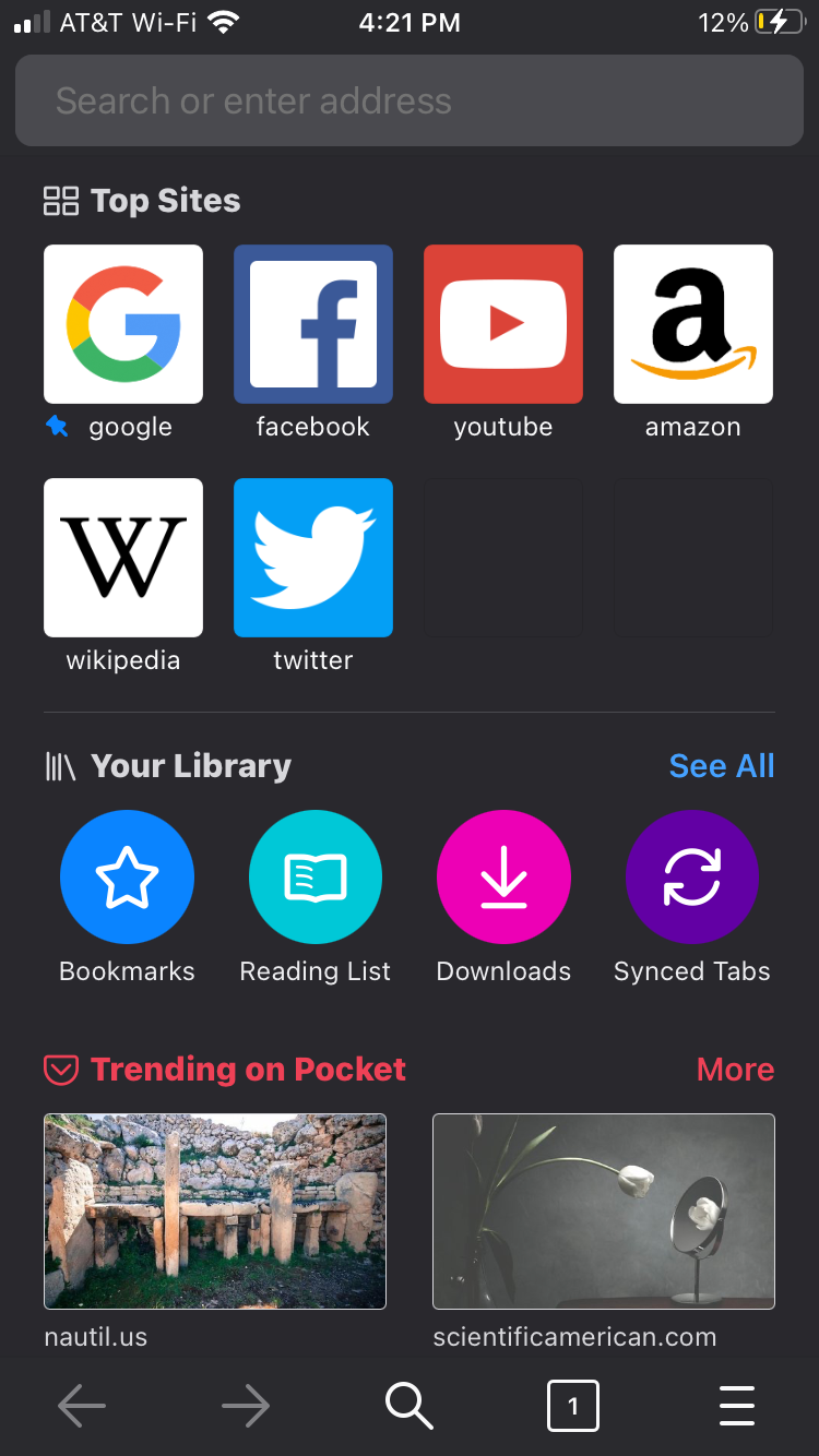 Панель управления Firefox на мобильном устройстве