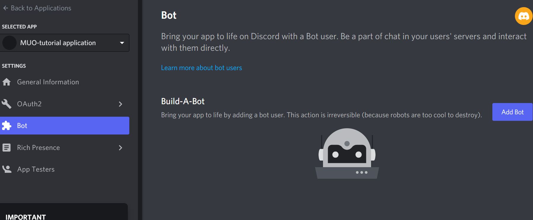 Раздел Bot в панели разработчика Discord