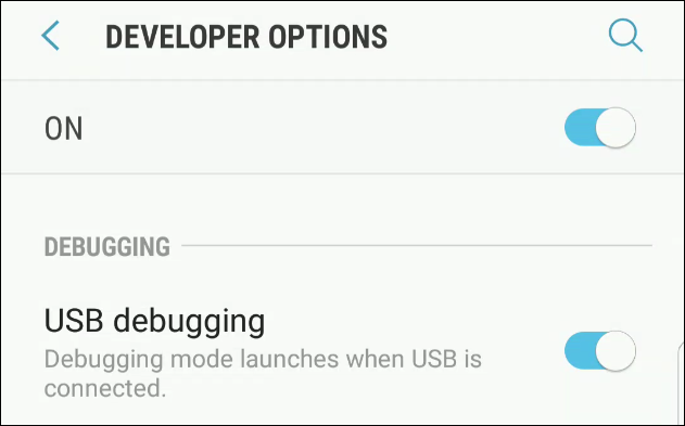 Включение отладки по USB в настройках Android