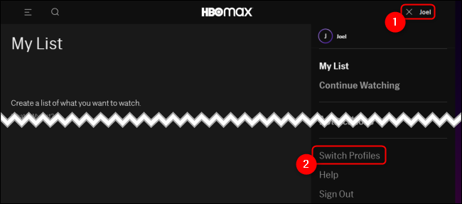 Меню переключения профилей в HBO Max