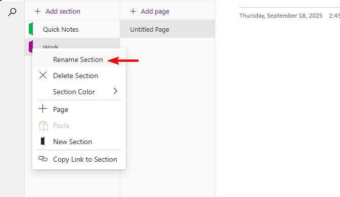 Меню переименования раздела в OneNote