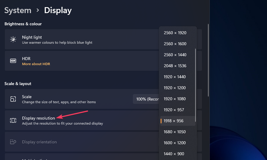 Меню выбора разрешения экрана в Windows