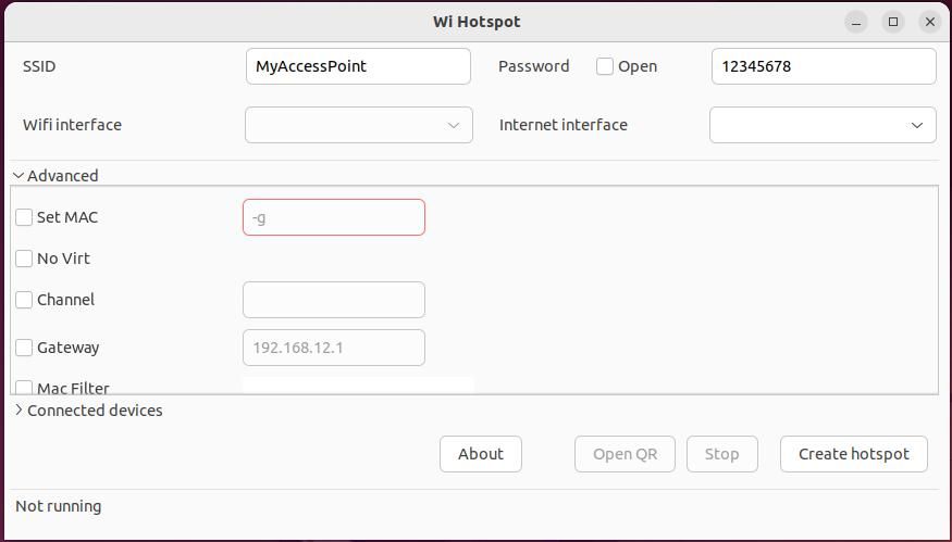 меню создания точки доступа в Linux