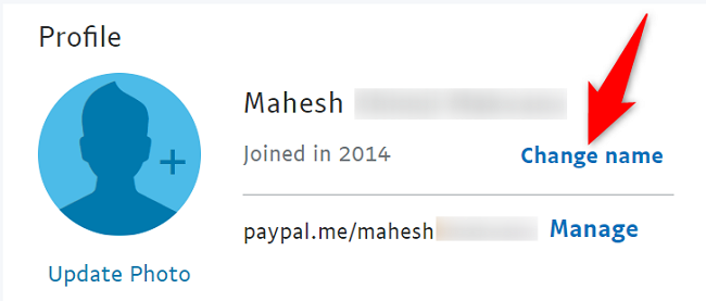 Нажмите «Изменить имя» рядом с текущим именем.