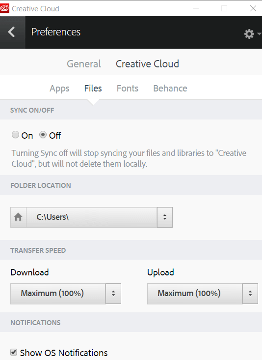 Параметр синхронизации файлов в Creative Cloud