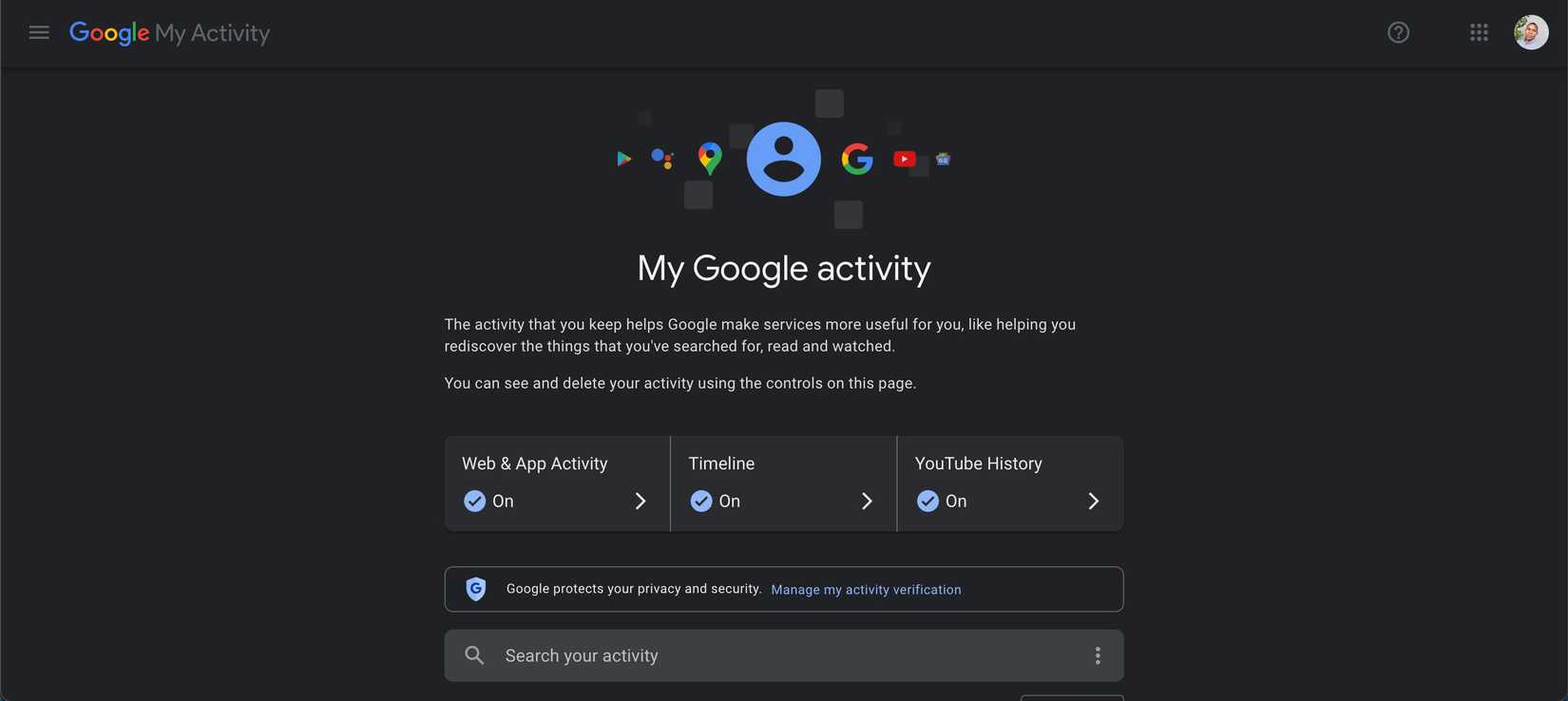 Скриншот страницы активности Google