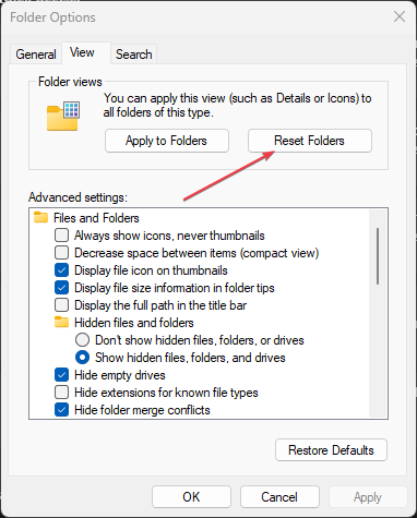 Кнопка Сбросить папки в Параметрах папок