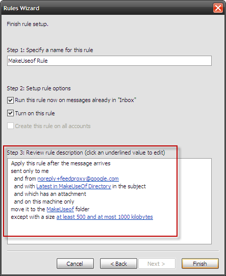 Финальный экран мастера правил с именем правила