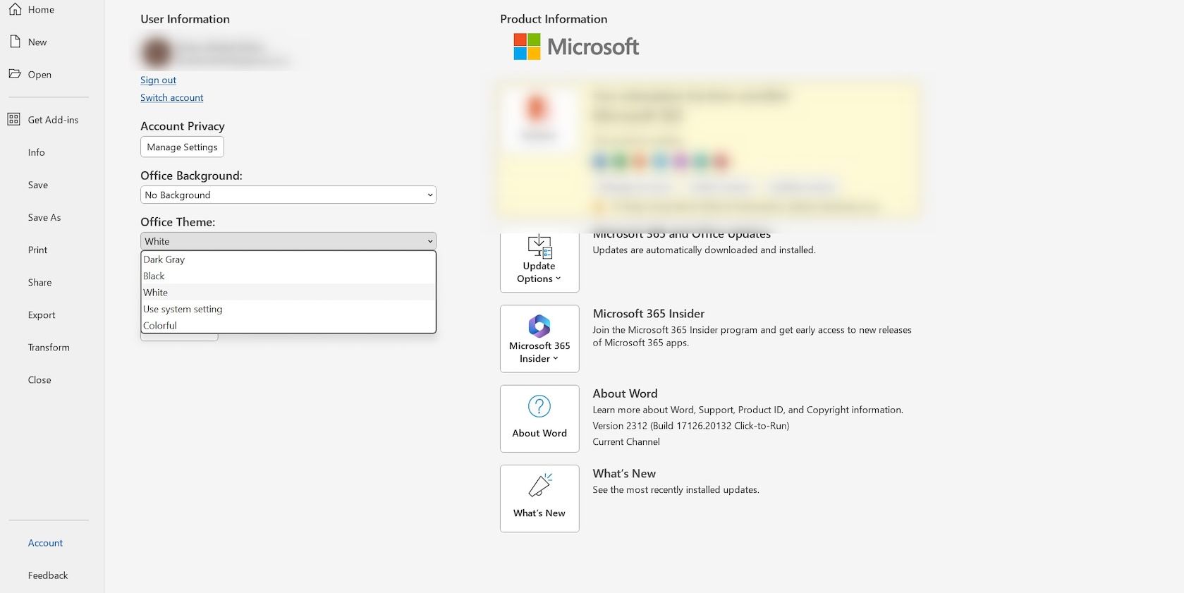 Настройки учётной записи Microsoft Word с выбором темы Office