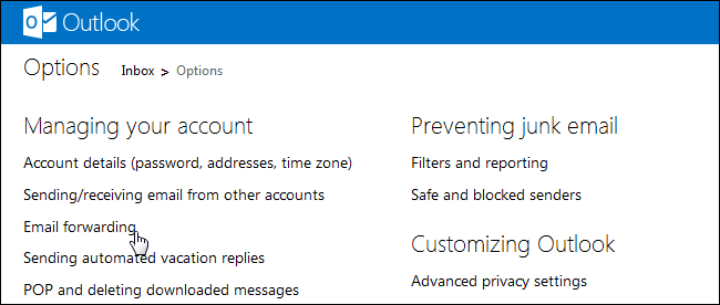 Скриншот опции переадресации в Outlook.com