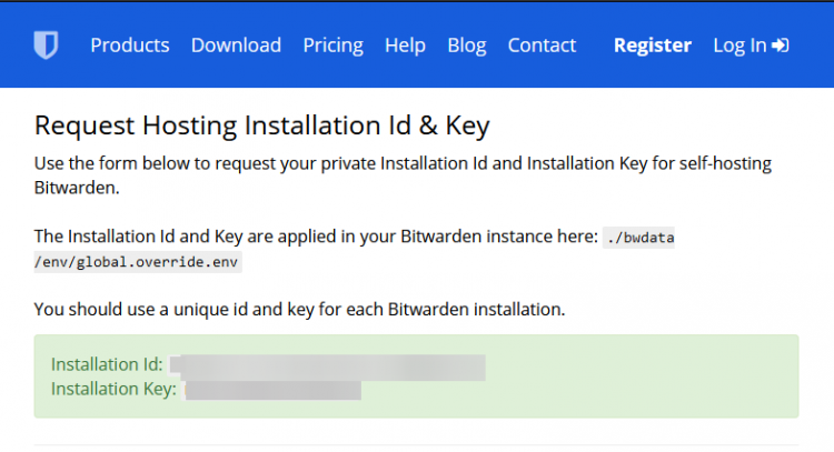Ключ установки Bitwarden