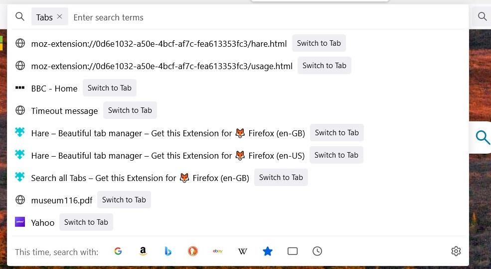 Инструмент поиска вкладок в Firefox с результатами