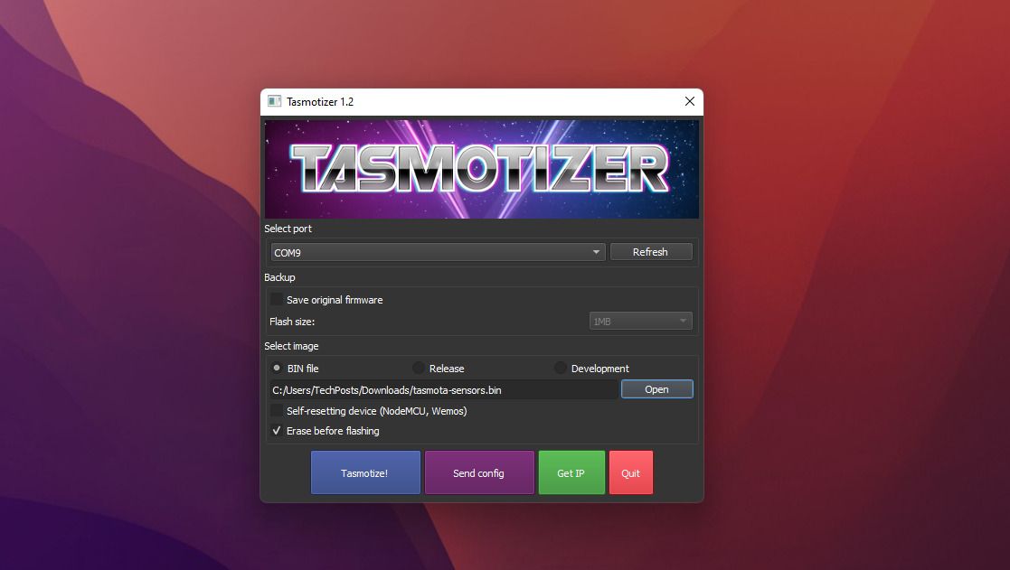 image showing flashing tasmota sensors bin firmware flash using tasmotizer