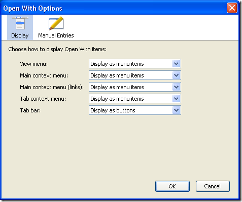 экран настроек расширения Open With с вкладками и ручным вводом браузеров