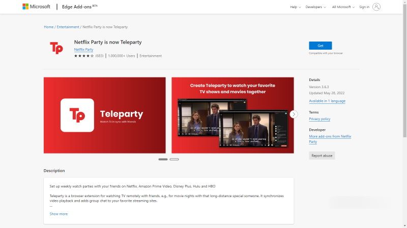 Страница расширения в магазине Edge с подробностями