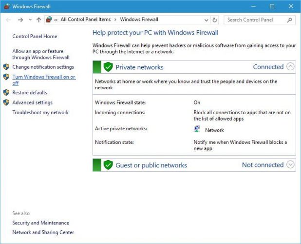 Панель управления Брандмауэром Windows