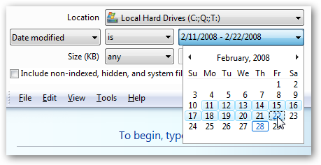 Календарь выбора диапазона дат в расширенном поиске Windows Vista