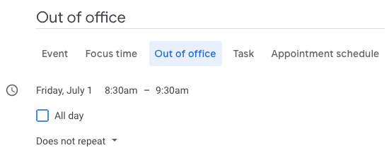 Поля названия события, даты, времени и настройки повторения
