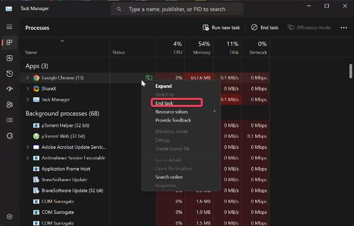 Закрыть ресурсоёмкие приложения в Диспетчере задач