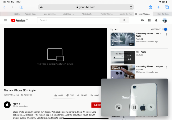 YouTube в режиме Картинка в картинке на iPad
