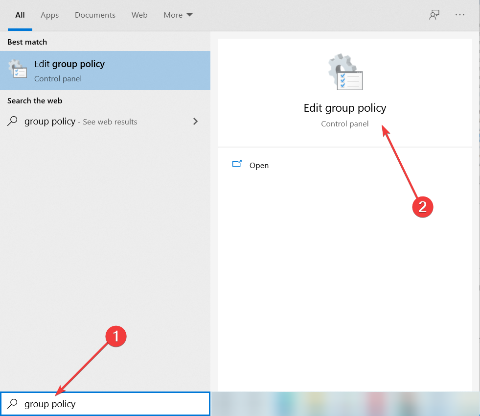 Результат поиска и пункт «Редактирование локальной групповой политики» в Windows