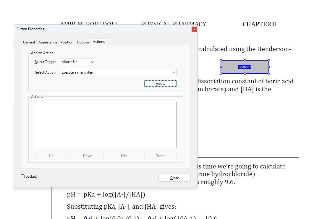 Окно свойств кнопки в Adobe Acrobat.