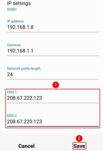 Введите оба DNS адреса и нажмите 