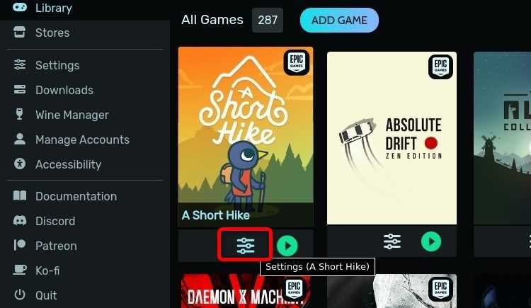 Открытие меню опций игры в Heroic.