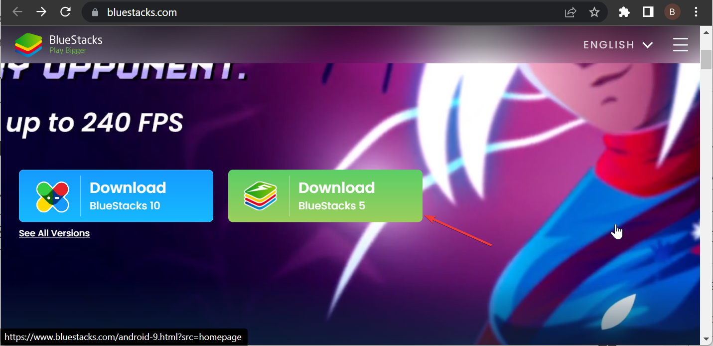 кнопка скачивания BlueStacks 5 на сайте