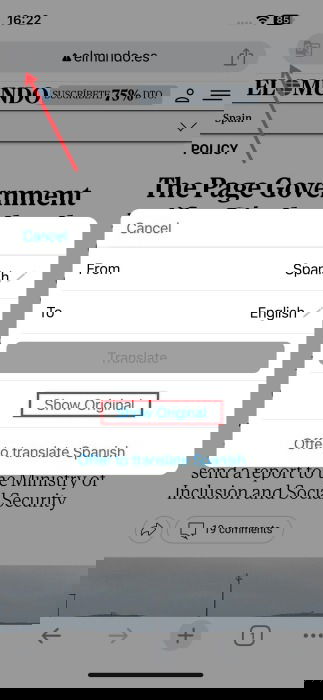 Выбор Показать оригинал в приложении Chrome на iPhone