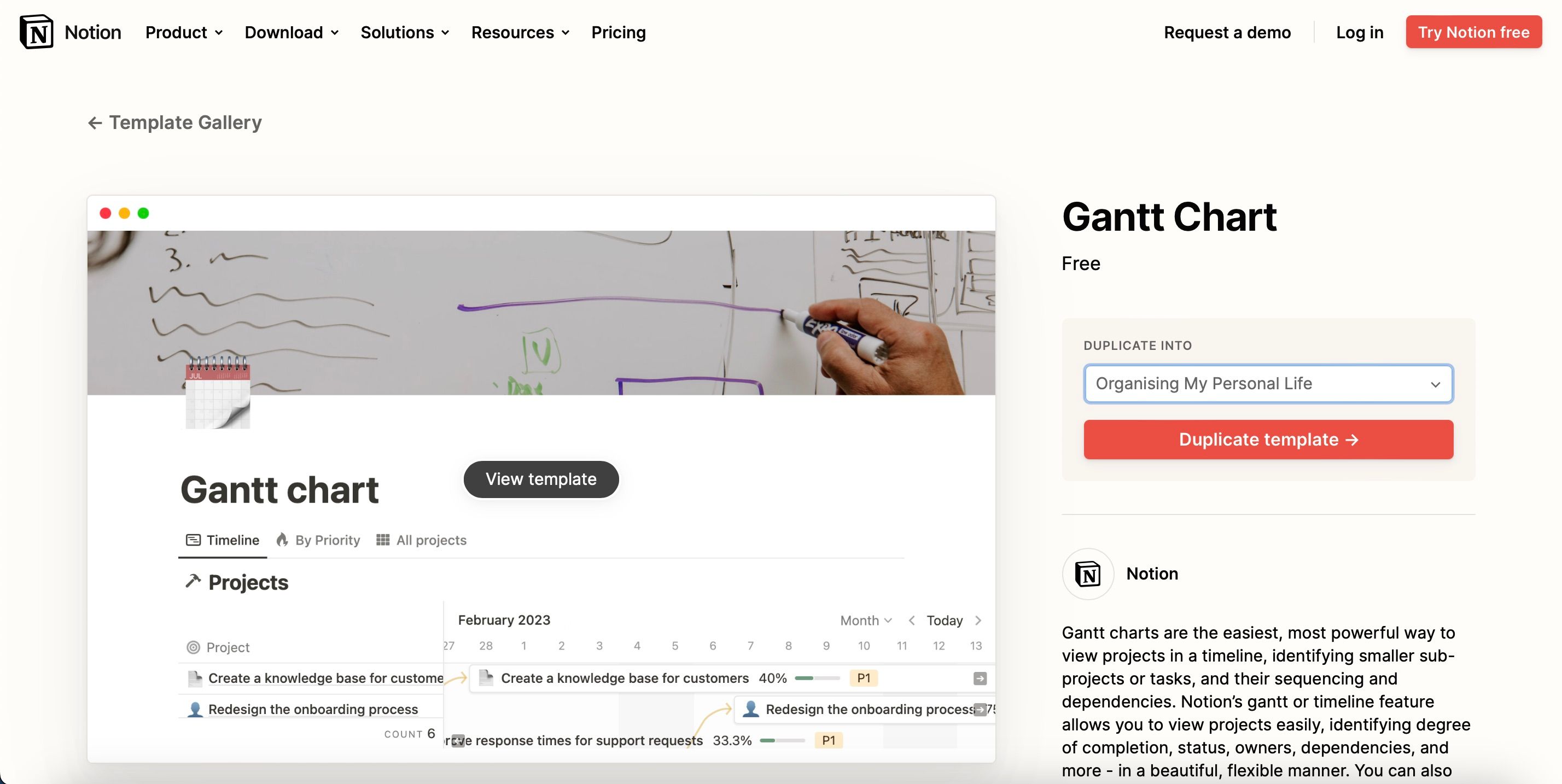 Дублировать Gantt‑шаблон в Notion
