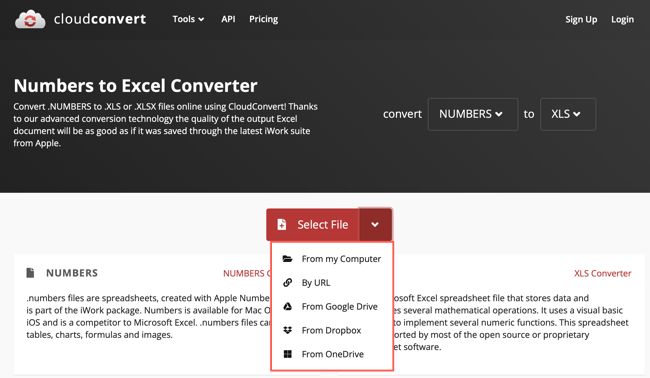 Выбор местоположения файла на CloudConvert.