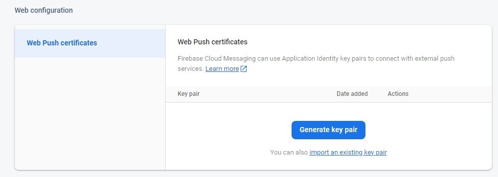 Кнопка 'Generate key pair' в разделе Web configuration Cloud Messaging