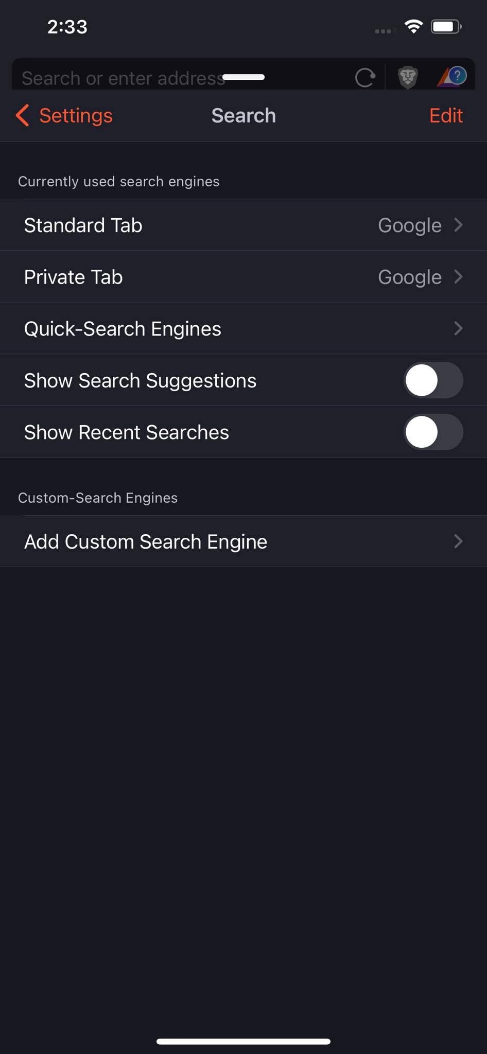 Отключение подсказок в Brave на iOS