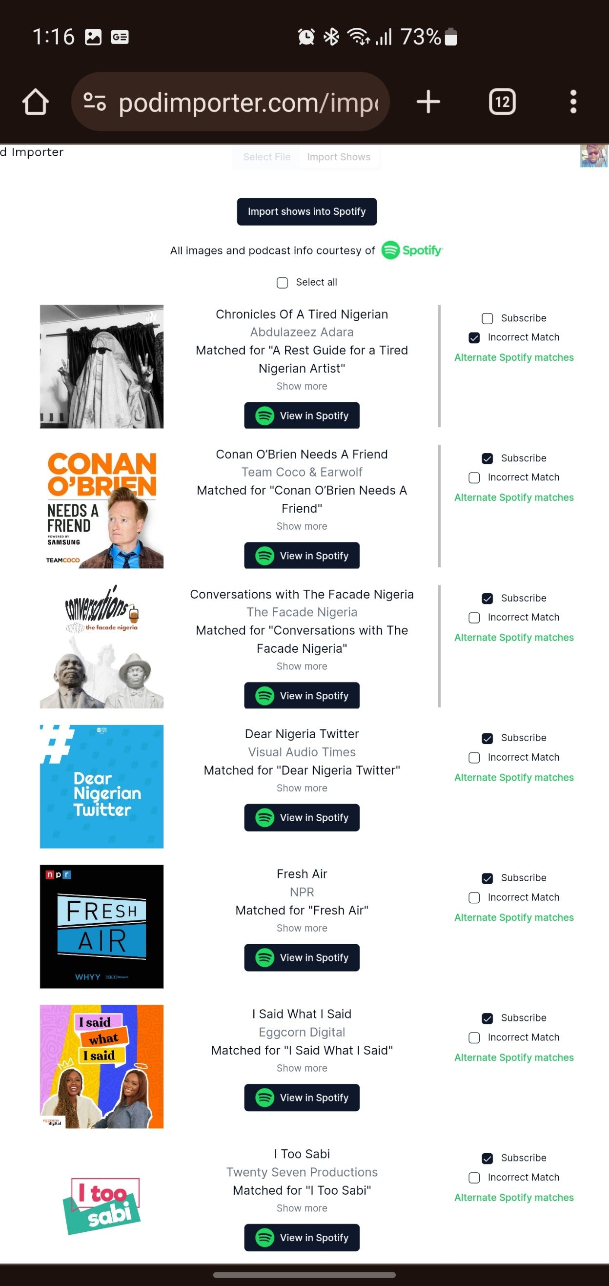 Подкасты, импортированные из Google Podcasts в Pod Importer