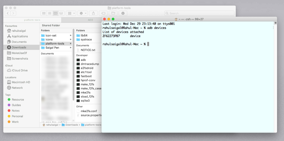 Список подключённых устройств в macOS после выполнения команды adb