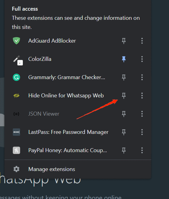 Панель управления Hide Online For Whatsapp Web