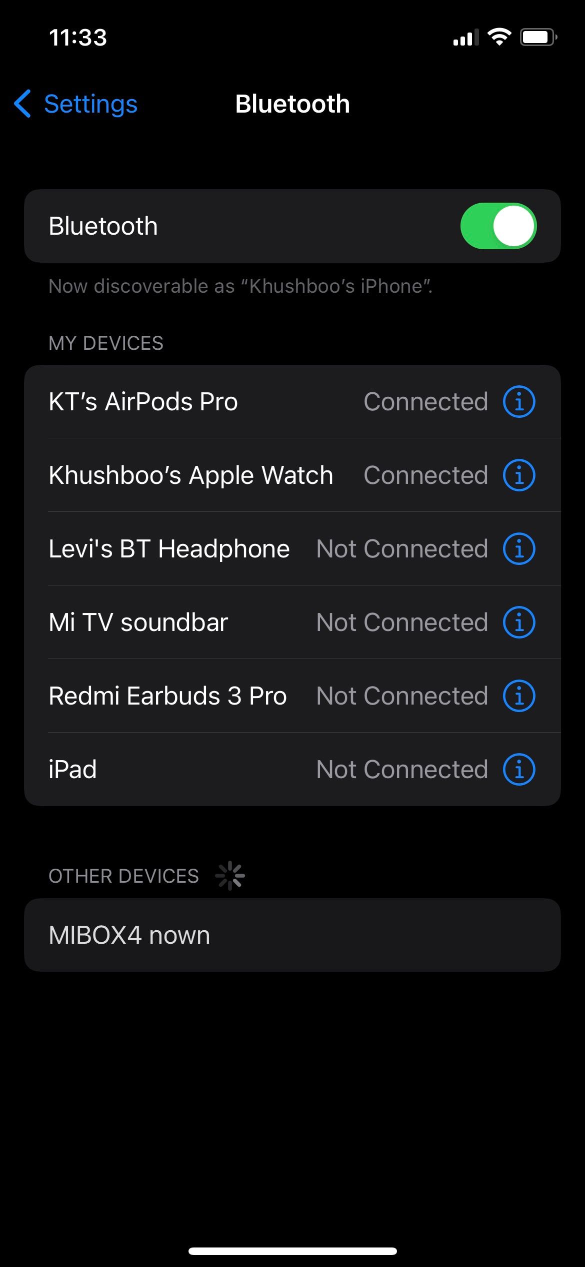 Экран настроек Bluetooth на iPhone