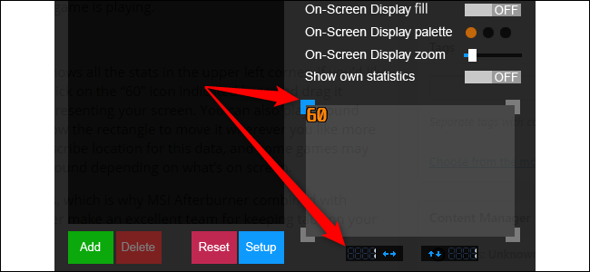 Окно RivaTuner Statistics Server с красными стрелками, указывающими на серый прямоугольник, символизирующий монитор.
