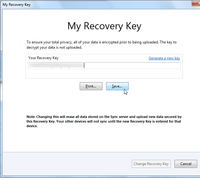 Окно с ключом восстановления и рекомендацией сохранить его офлайн