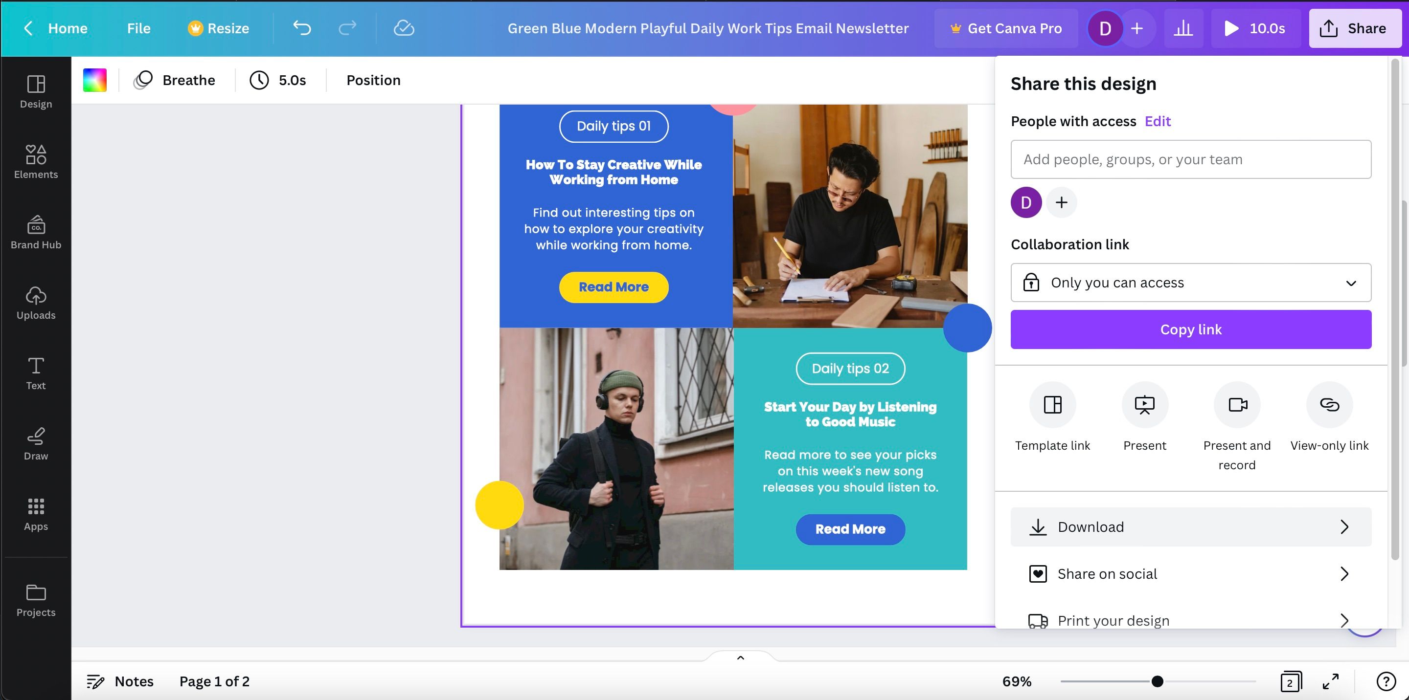 Выбор опций для экспорта в Canva