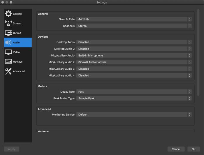 как транслировать на youtube с mac через obs - obs audio settings 1