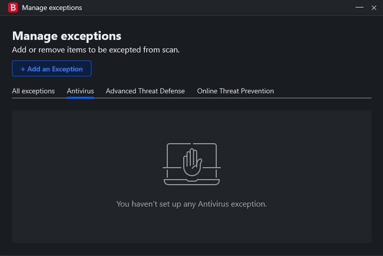 Управление исключениями антивируса в Bitdefender